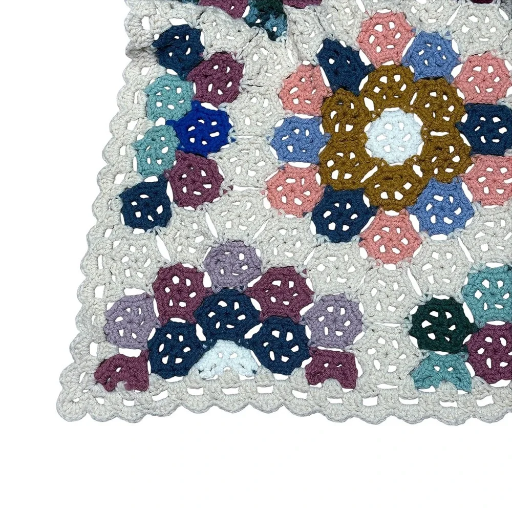 Vintage Handmade Crochet Granny Square Blanket Throw Floral Multicolor 75